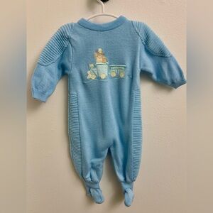 Vintage Early 1990s Lil Lamonsters Baby Knit Footed Romper Blue Train 3–6 Months